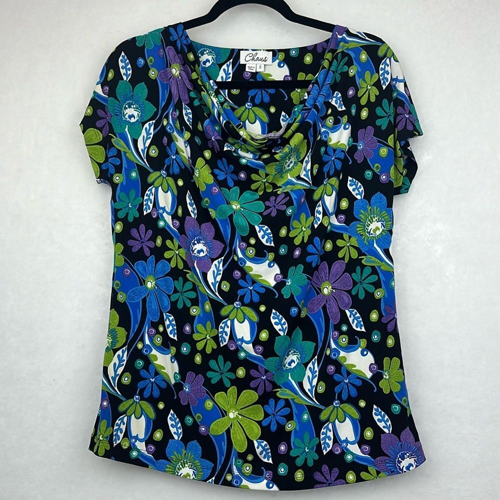 Chaus Floral Top Cowl Neck Short Sleeves Stretchy Material Sz S